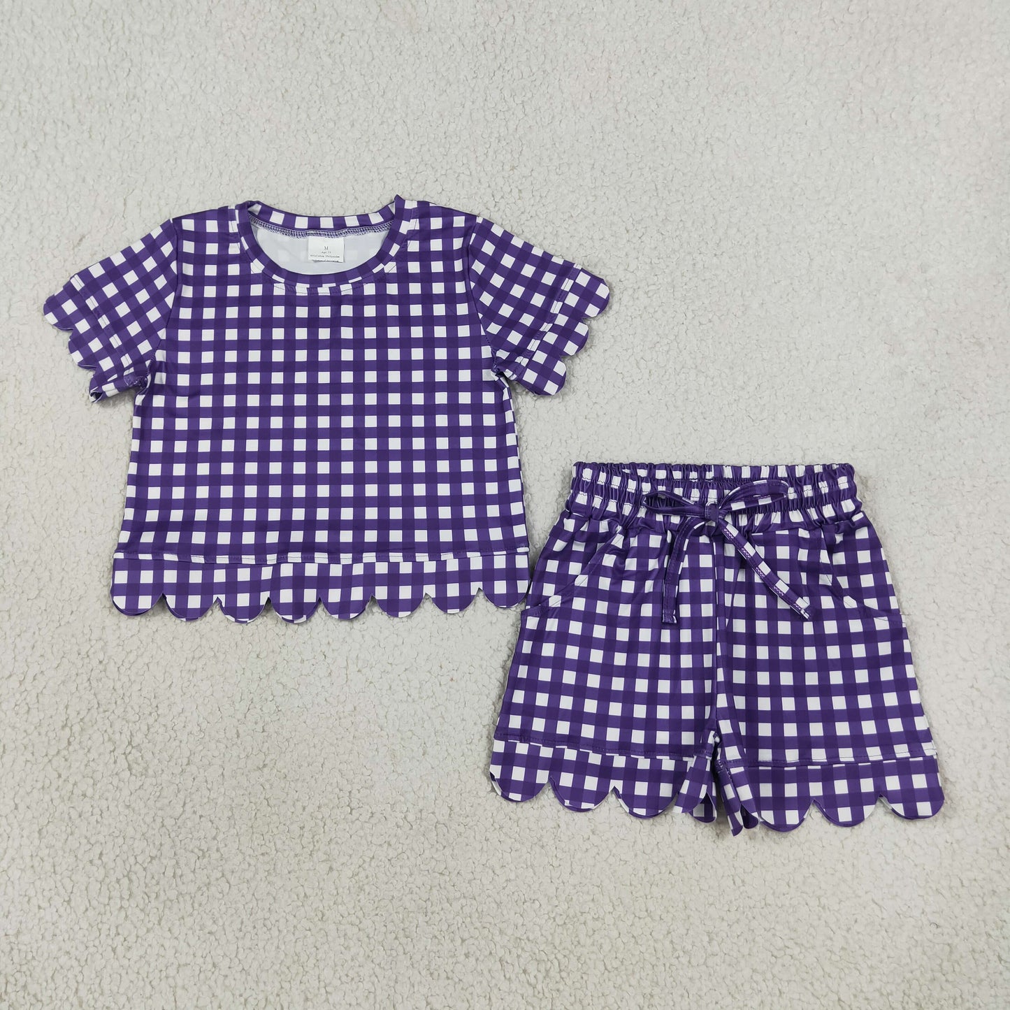 Baby Girls Kids Short Sleeves Purple Plaid Shirt Scallop Shorts Set Clothes RTS