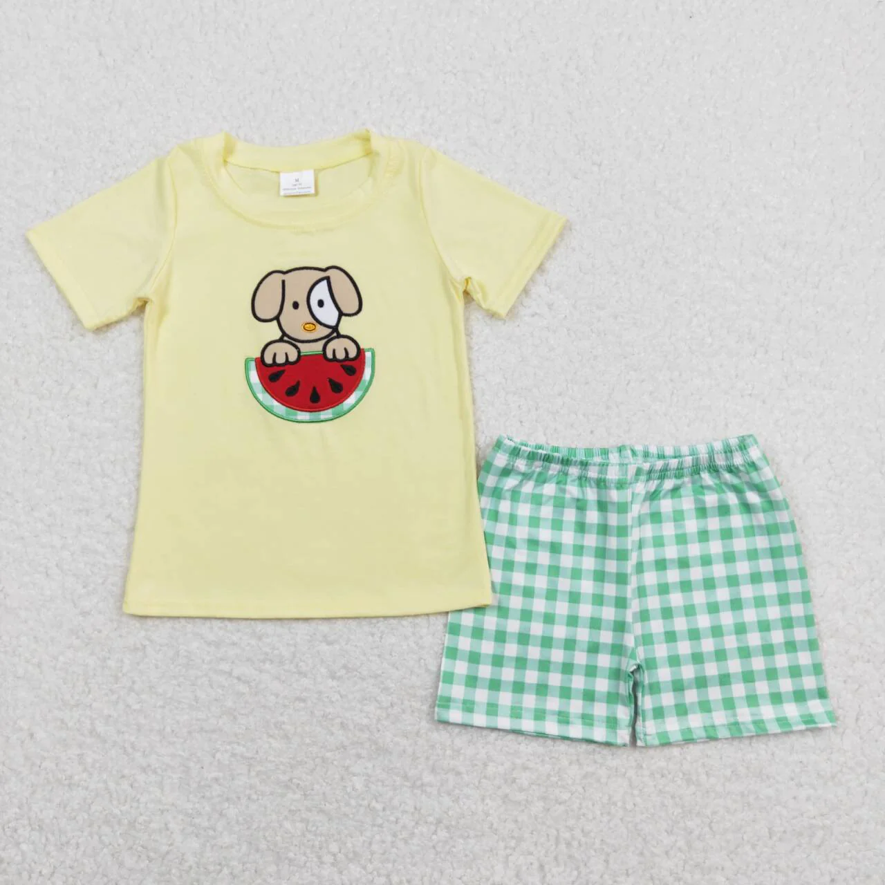 Baby Girl Summer Embroidery Watermelon Dog Yellow Tops Plaid Ruffle Shorts Set
