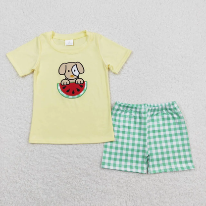 Baby Girl Summer Embroidery Watermelon Dog Yellow Tops Plaid Ruffle Shorts Set