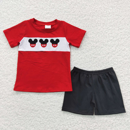 BSSO0092 Baby Boy Red Short Sleeves Embroidery Shirt Black Shorts Summer Cotton Cartoon Outfit