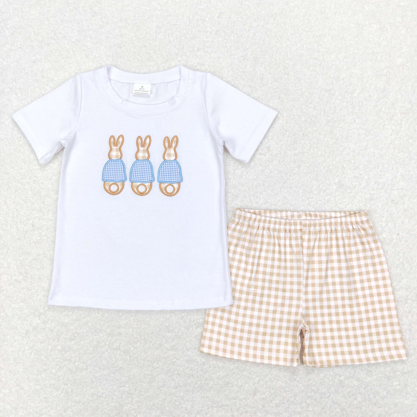 BSSO0383 Easter Baby Boy Short Sleeves Embroidery Rabbit Shirt Plaid Shorts Summer Set