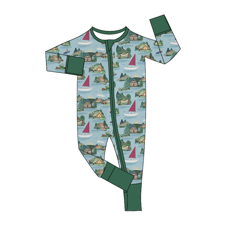 Baby Boy Long Sleeves Boats Green Zipper Romper