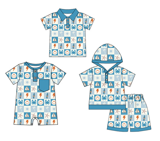 ( Moq 5 Each Style ) Baby Boy Short Sleeves Beach Sibling Romper Shirt Set 3.29