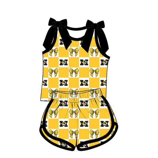 ( Moq 5 ) Baby Girls Kids Sleeveless Bows Shirt Shorts Team Set Cheer Clothes