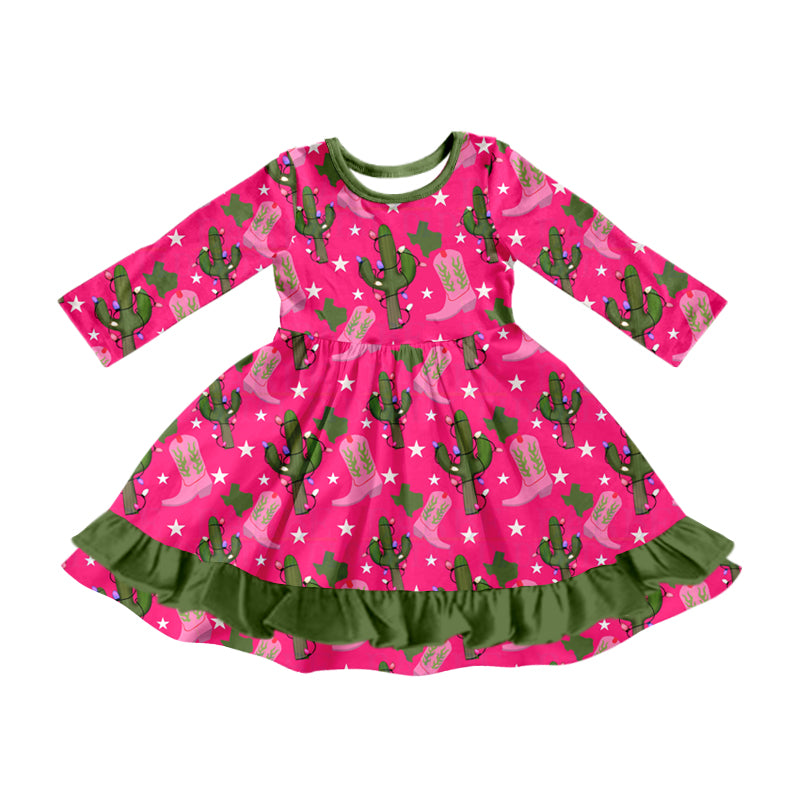 Baby Girl Long Sleeves Cactus Boots Christmas Dress