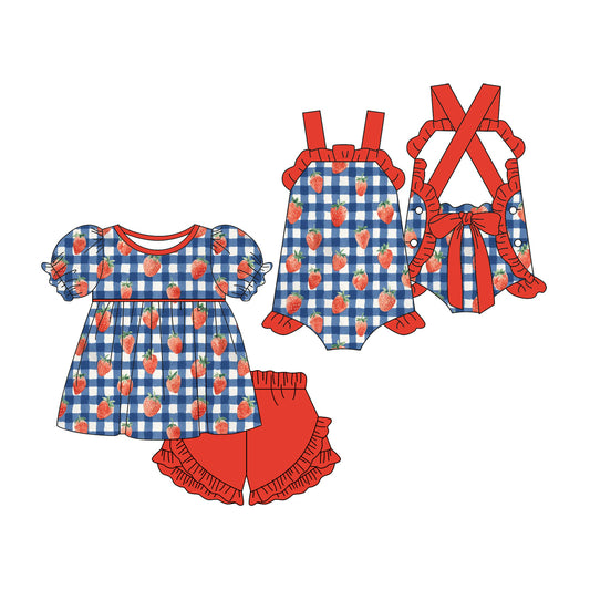 ( Moq 5 Each Style ) Sibling Baby Girls Kids Strawberry Plaid 4th of July Romper Set Summer Clothes