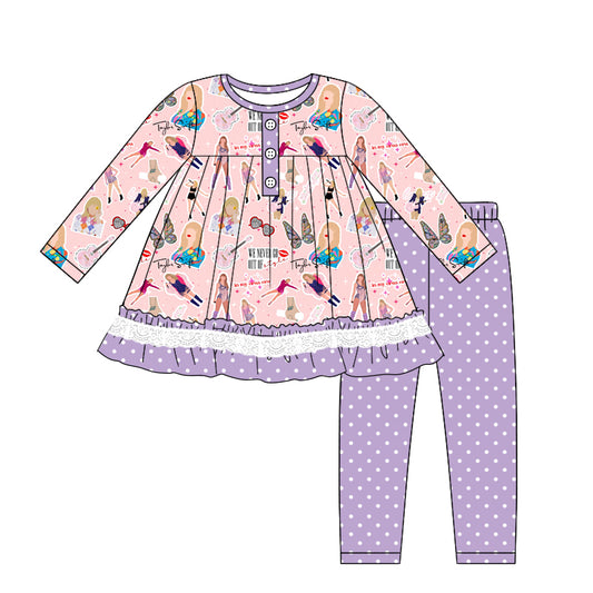 Baby Girl Long Sleeves Singer Tops Dots Purple Pants Set