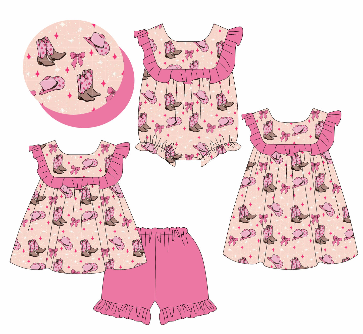 Baby Girl Western Boots Bows Sibling Romper Dress Set ( Moq 5 Each Style ) 2.17