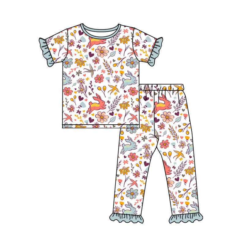 Baby Girl Toddler Short Sleeves Rabbit Shirt Flower Pants Easter Pajamas Set