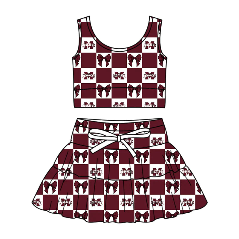 ( Moq 5 Each Style ) Baby Girls Kids Toddler M State Bows Plaid Tops Shorts Skirt Team Set