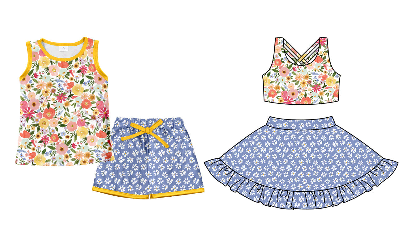 Baby Girl Sleeveless Flower Sibling Blue Shorts Skirt Set ( Moq 5 Each Style ) 2.27