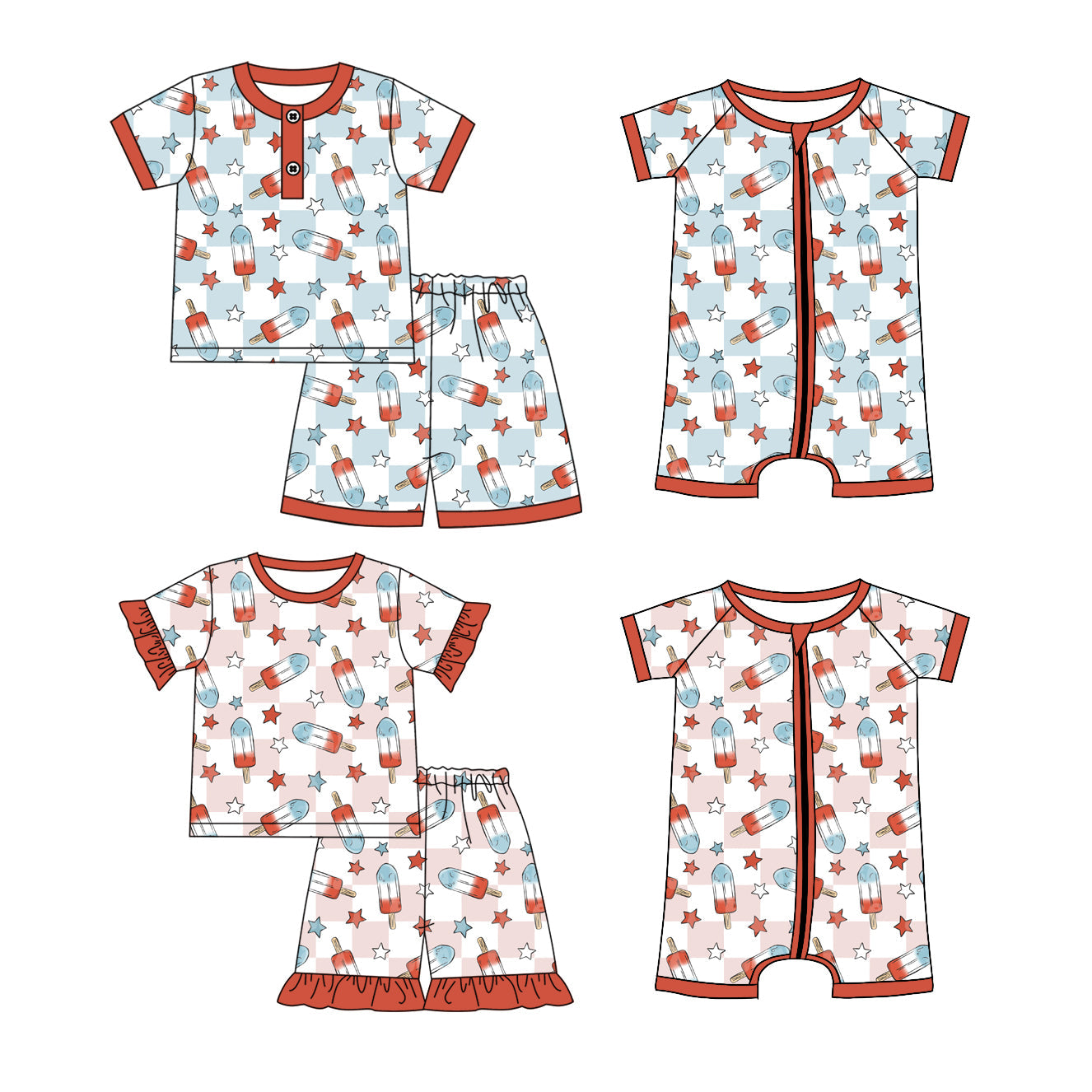 Baby Boy Girl July 4th Popsicles Stars Checked Sibling Romper Set ( Moq 5 Each Style ) 1.18