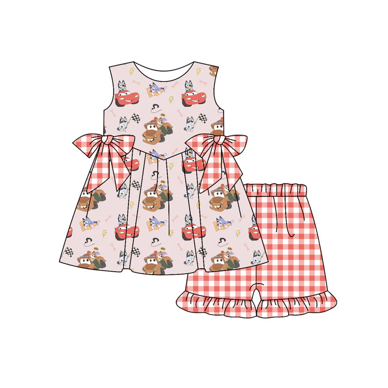 Baby Girl Sleeveless Cartoon Dogs Cars Tunic Red Plaid Ruffle Short Set ( Moq 5 )