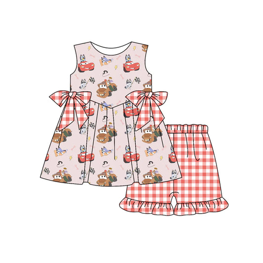 Baby Girl Sleeveless Cartoon Dogs Cars Tunic Red Plaid Ruffle Short Set ( Moq 5 )
