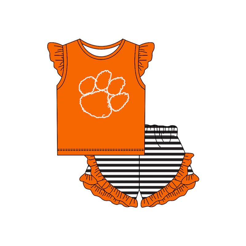 ( Moq 5 ) Baby Girls Short Sleeves Orange Shirt Stripes Ruffle Shorts Team Clothes Set