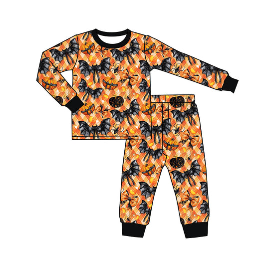 Baby Girl Long Sleeves Halloween Bats Pumpkin Bows Plaid Shirt Pants Set Pajamas