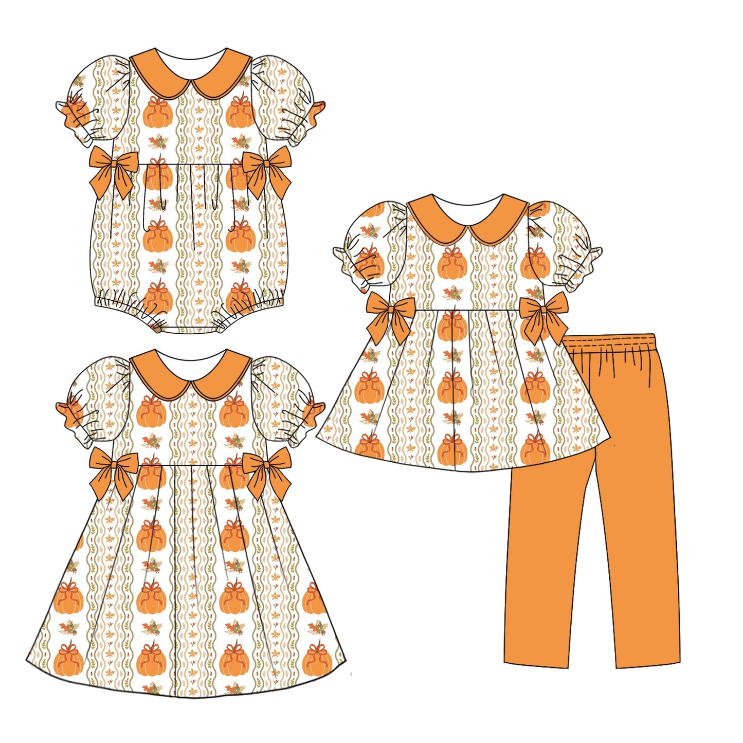 Baby Girl Pumpkin Flower Bows Sibling Romper Dress Set ( Moq 5 Each Style ) 3.15