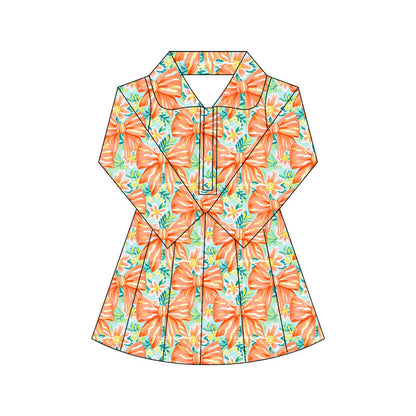 ( Moq 10 ) Baby Girl Colorful Bows Floral Long Sleeves Zipper Activity Wear Yoga Knee Length Dress