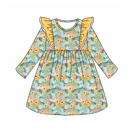 Baby Girl Long Sleeves Yellow Flower Ruffle Dress