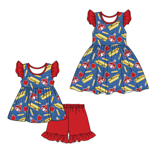 Baby Girl Short Sleeves Back To School Bus Sibling Dress Set ( Moq 5 Each Style ) 12.28