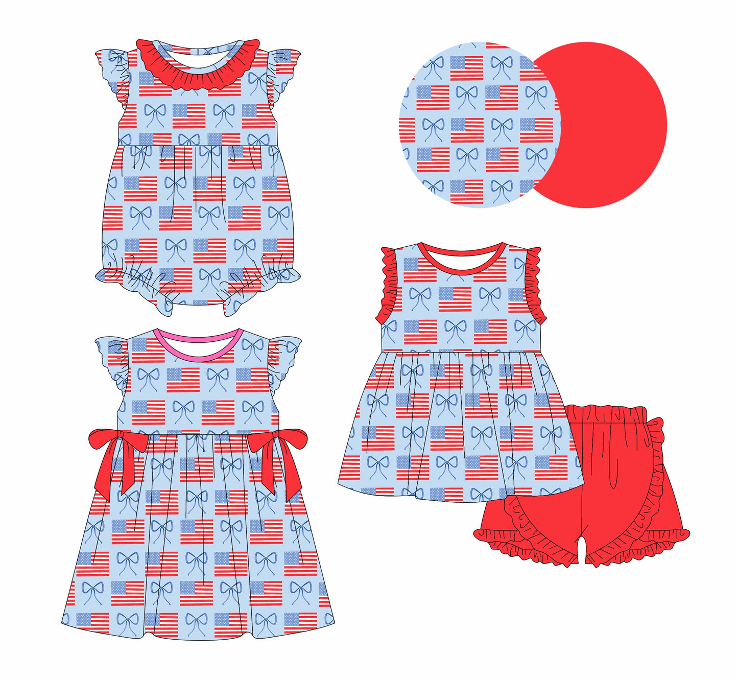 Baby Girl July 4th Flags Bows Sibling Romper Dress Set ( Moq 5 Each Style ) 1.2