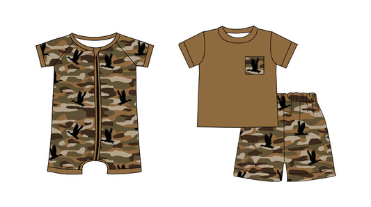 ( Moq 5 Each Style ) Baby Boys Short Sleeves Ducks Camo Print Sibling Zipper Romper Set