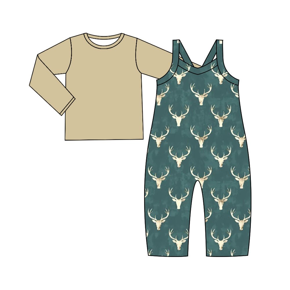 Baby Girl Toddler Long Sleeves Khaki Shirt Deer Jumpsuit Set