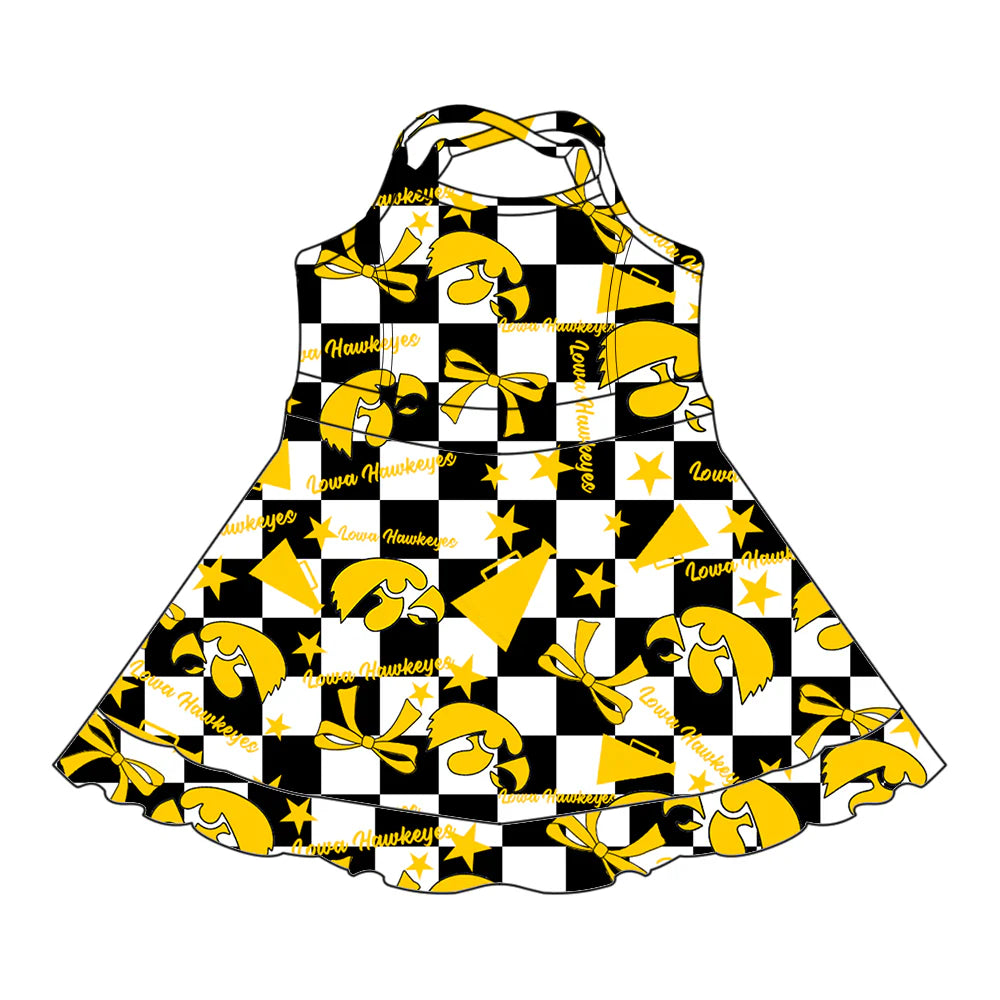 ( Moq 5 each style ) Baby Girl Toddler  Team Yellow Bows Cheer Sibling Checked Dress Set 6.30