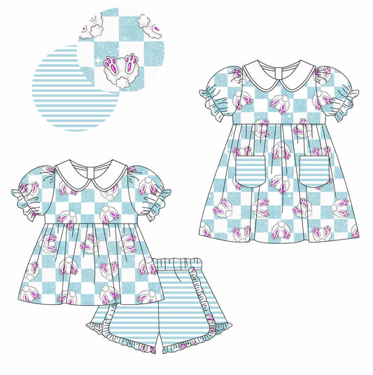 Baby Girl Short Sleeves Easter Rabbits Sibling Dress Clothes Set ( Moq 5 Each Design ) 12.3