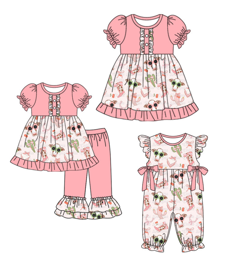 Baby Girl Short Sleeves Western Cow Pink Sibling Romper Dress Set ( Moq 5 Each Style ) 3.12