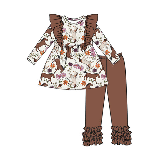 Baby Girl Long Sleeves Horse Flower Tops Brown Ruffle Pants Set Moq 5