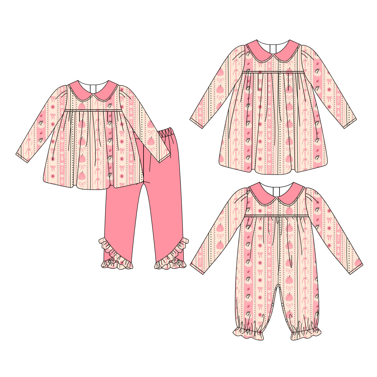 ( Moq 5 Each Style ) Sibling Baby Girls Kids Long Sleeves Pumpkins Bows Pink Romper Dress Set Clothes