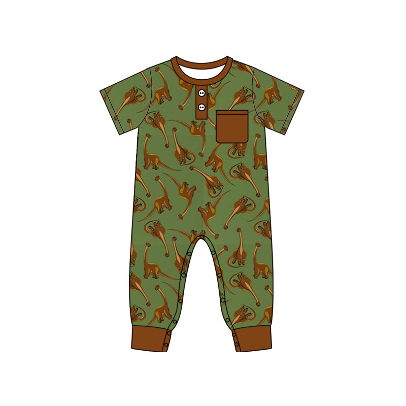 Baby Boy Infant Short Sleeves Pocket Dinosaurs Buttons Romper Moq 5