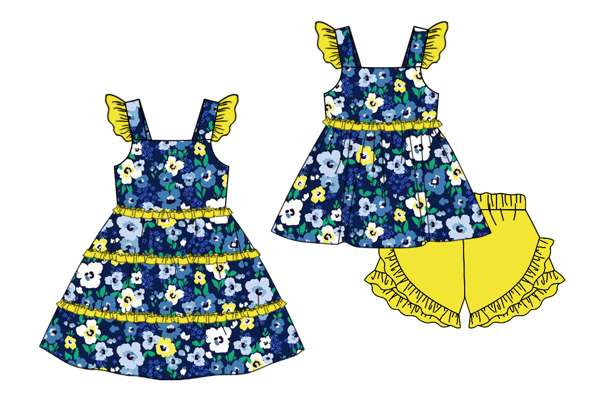 Baby Girl Short Sleeves Flower Sibling Matching Dress Yellow Ruffle Clothes Set Moq 5 Each Design