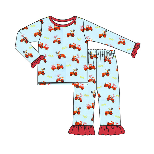 Baby Girl Toddler Long Sleeves Shirt Valentine Hearts Tractor Pants Pajamas Set