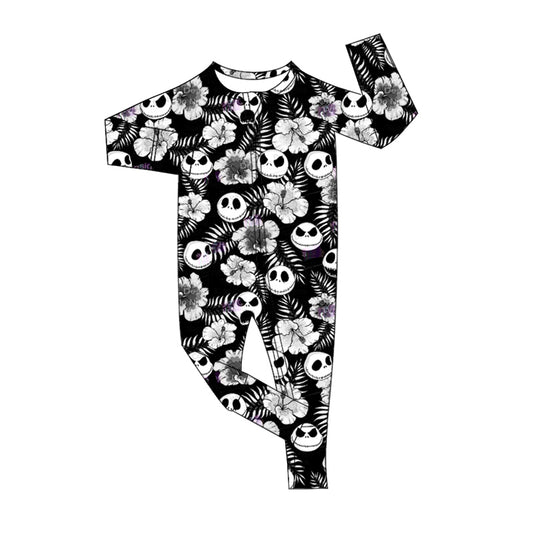 Baby Girl Infant Long Sleeves Halloween Skull Flower Zipper Romper