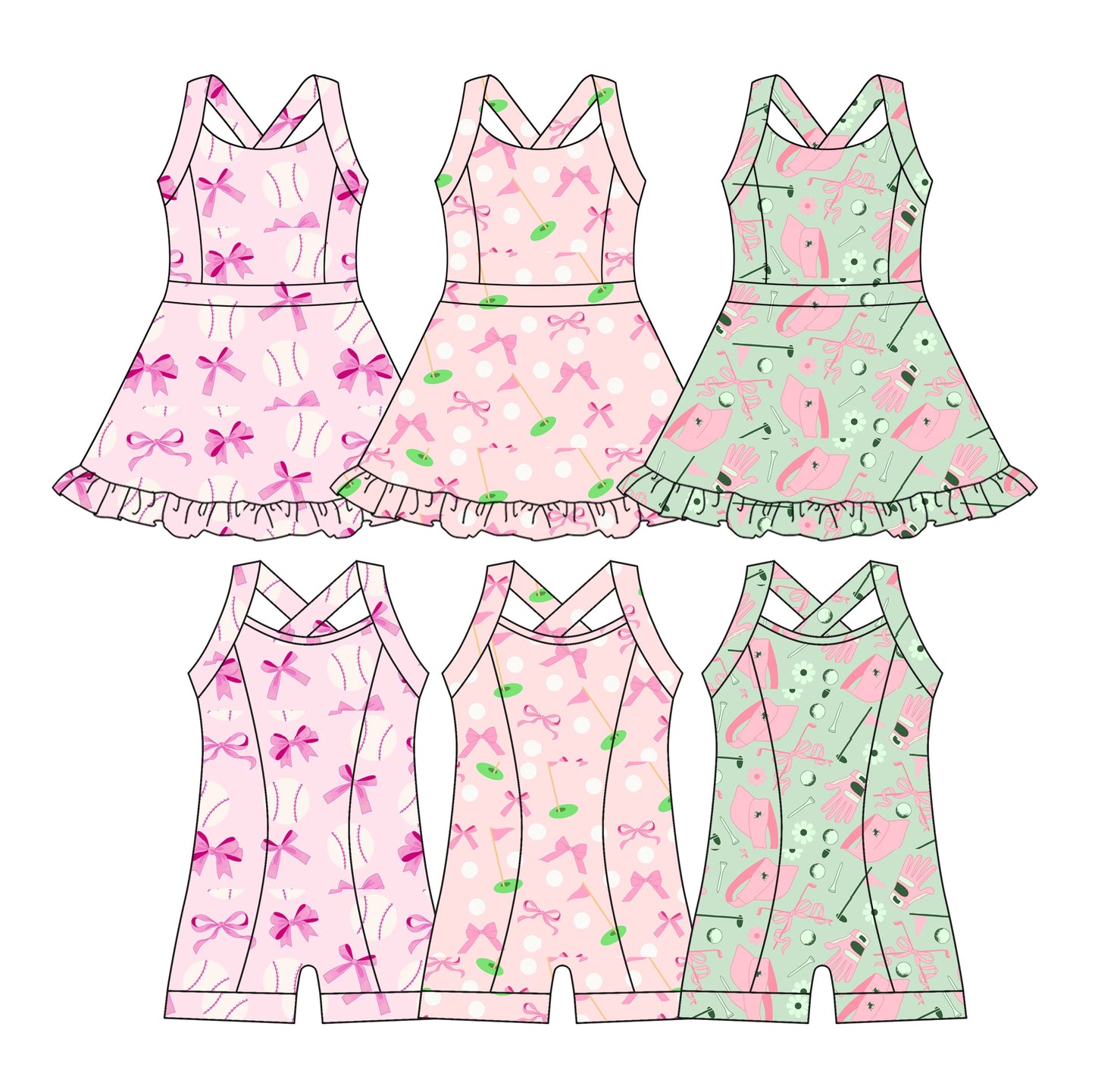 Baby Girl Sleeveless Baseball Golf Bows Sibling Swimwear Jumpsuit Dress ( Moq 5 Each Style ) 3.18