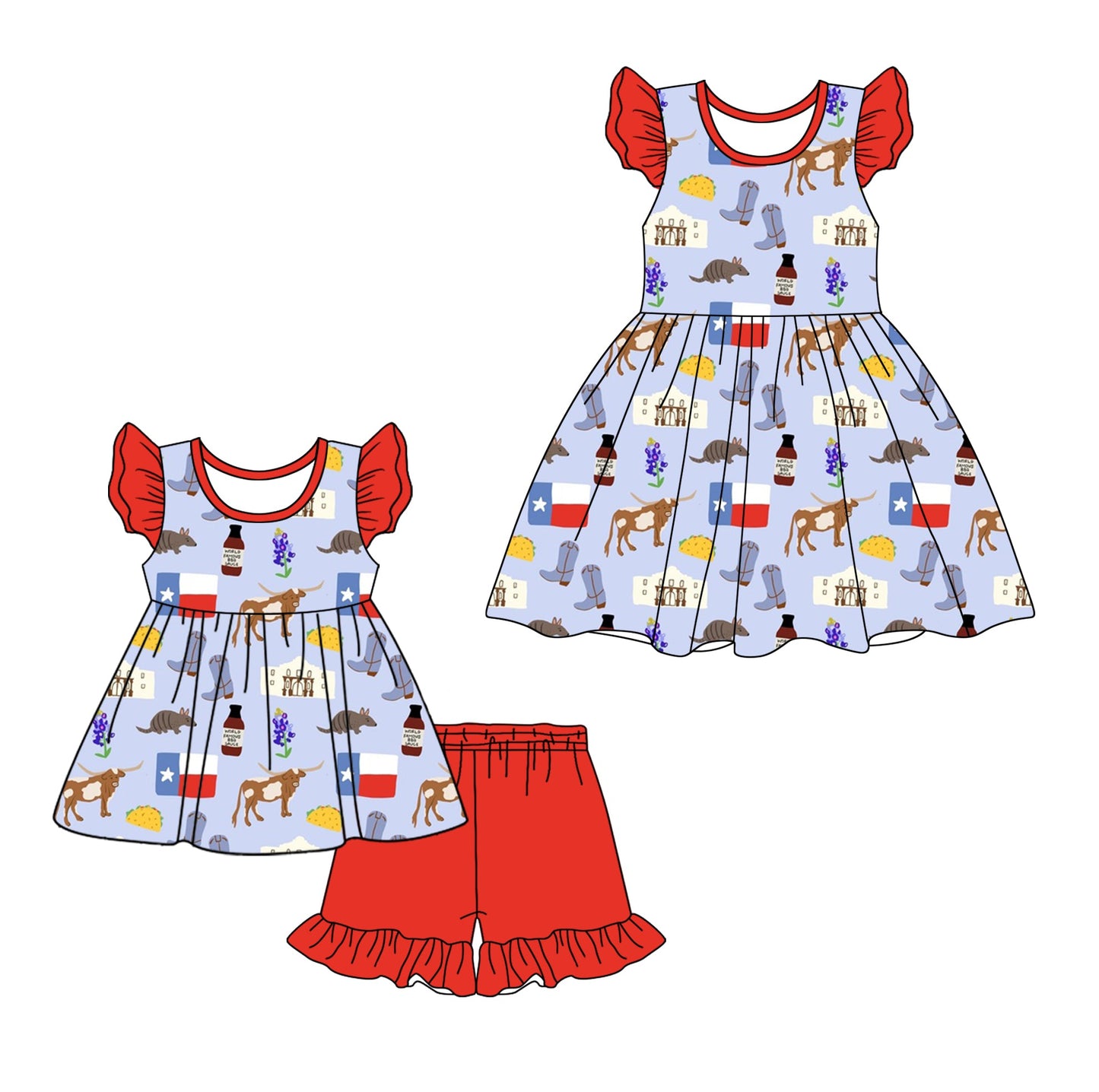 Baby Girl Short Sleeves Western Cow Sibling Dress Set ( Moq 5 Each Style ) 12.20