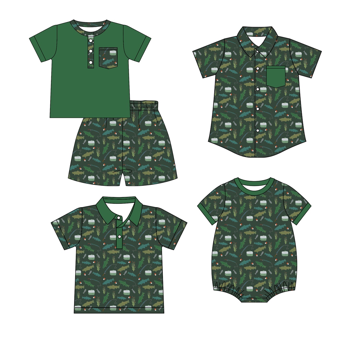 ( Moq 5 Each Style ) Sibling Baby Boys Toddler Shirt Sleeves Fishing Green Shirts Set Romper Clothes