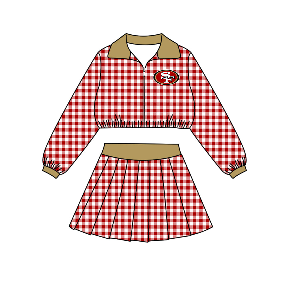 ( Moq 5 ) Baby Girls Kids Long Sleeves Plaid Zipper Tops Skirt Shorts Team Set Clothes