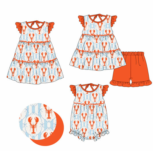( Moq 5 Each Style ) Baby Girls Kids Short Sleeves Crawfish Bows Sibling Summer Romper Dress Set