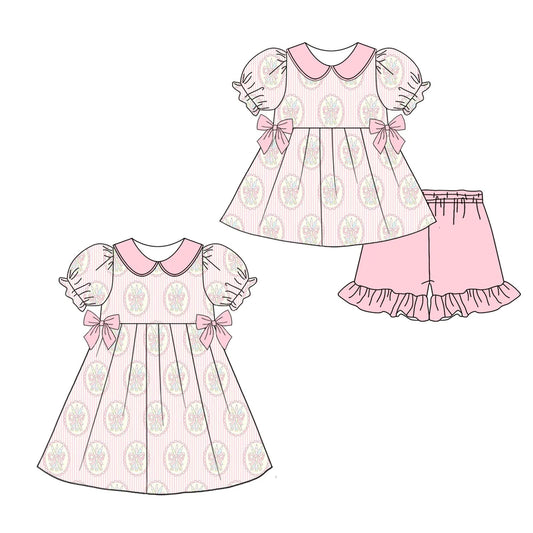 ( Moq 5 Each Style ) Sibling Baby Girls Kids Pink Bows Pencil Back to School Short Sleeves Dress Set