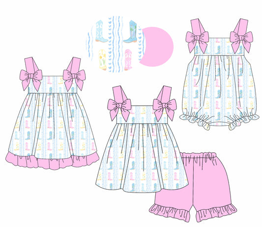 Baby Girl Straps Boots Pink Bows Hearts Sibling Romper Dress Set ( Moq 5 Each Style ) 1.21
