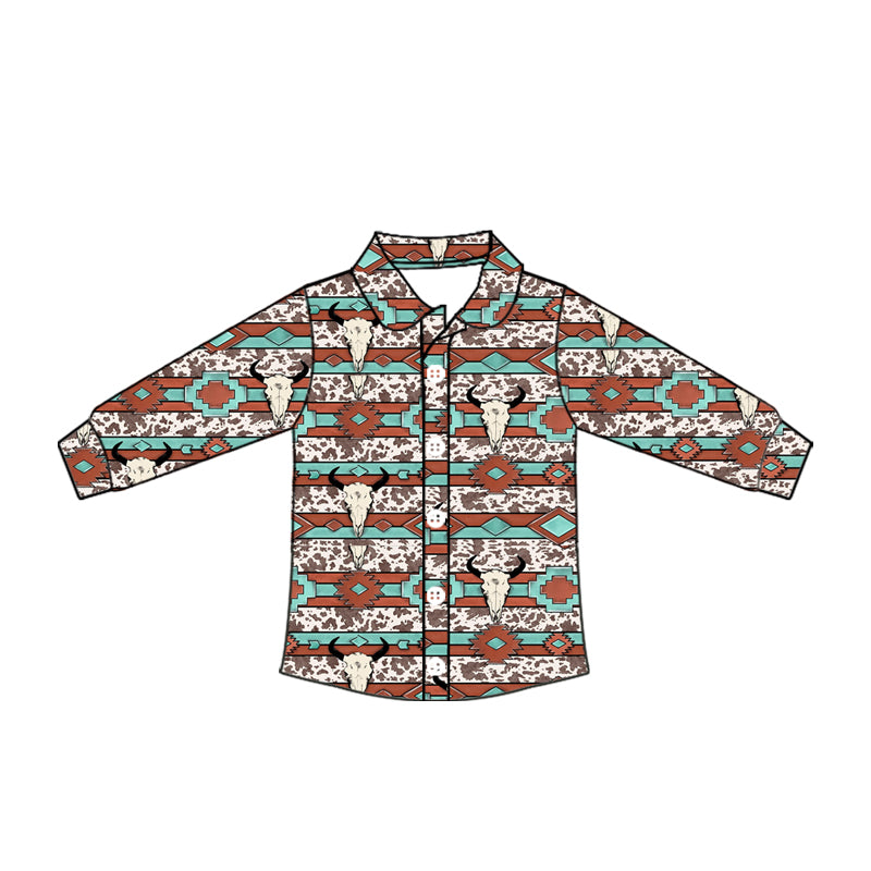 ( Moq 5 ) Baby Boy Long Sleeves Western Aztec Bull Skull Button Shirt Tops