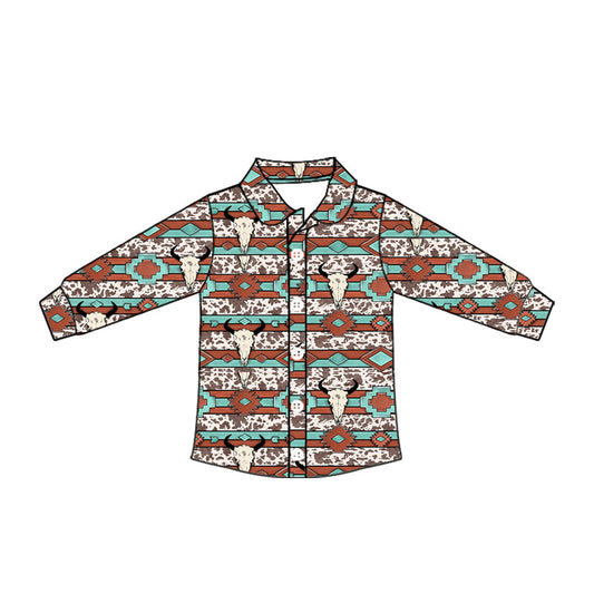 ( Moq 5 ) Baby Boy Long Sleeves Western Aztec Bull Skull Button Shirt Tops