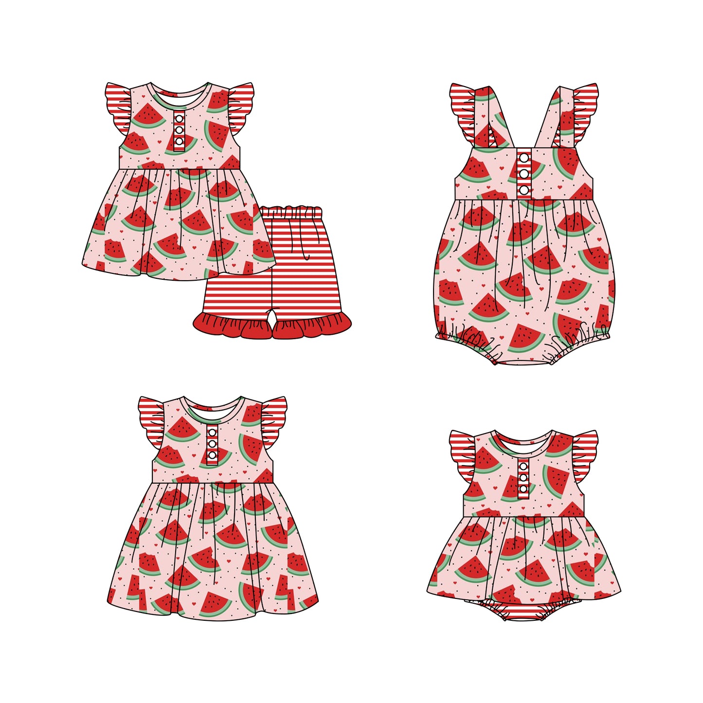 Baby Girl Short Sleeves Watermelon Stripes Hearts Sibling Romper Dress Clothes Set ( Moq 5 Each Design )
