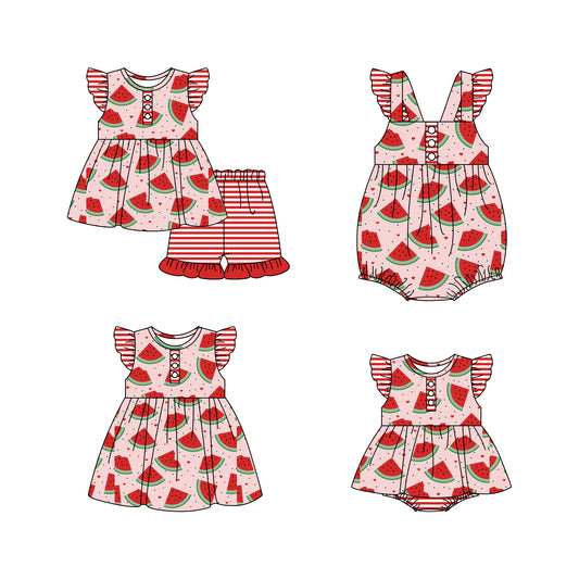 Baby Girl Short Sleeves Watermelon Stripes Hearts Sibling Romper Dress Clothes Set ( Moq 5 Each Design )
