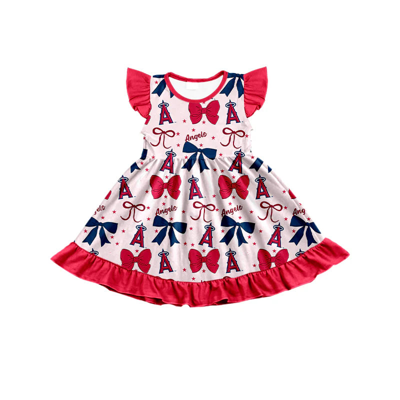 ( Moq 5 each style ) Baby Girl Toddler A Team Red Blue Bows Sibling Romper Dress Set 6.16