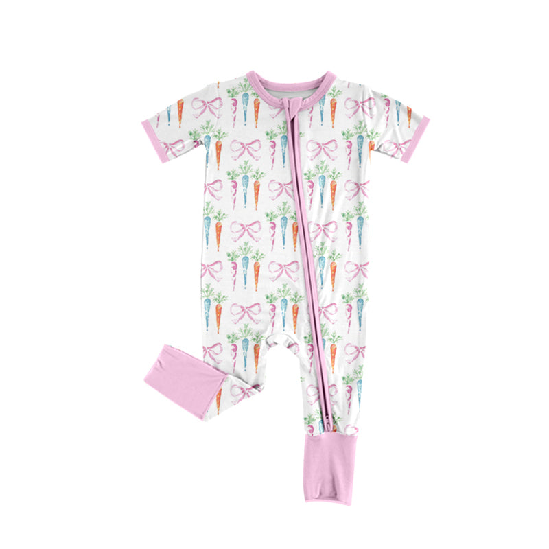 Baby Girl Short Sleeves Carrots Bows Zipper Romper