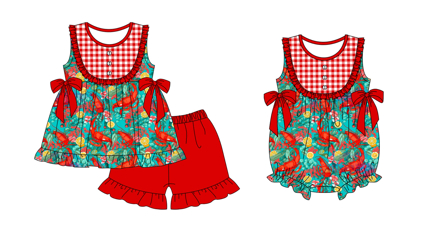 Children Girl Crawfish Red Bows Sibling Romper Clothes Set ( Moq 5 Each Design )11.28